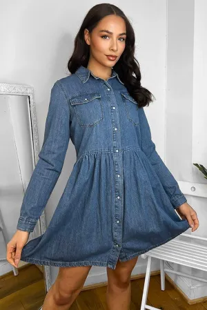 100% Cotton Blue Denim Babydoll Shirt Dress