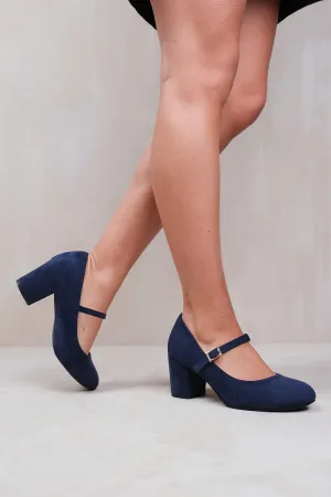 ARACELI WIDE FIT BLOCK HEEL MARY JANE PUMPS IN NAVY SUEDE