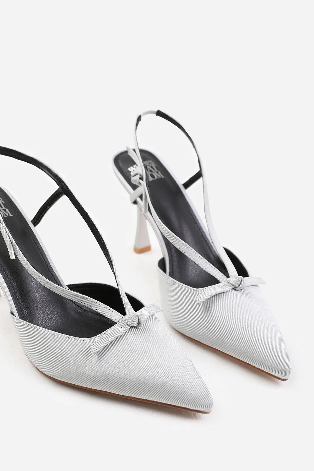 AVA HIGH HEEL WITH POINTED TOE AND STRAP DETAIL IN SILVER SATIN