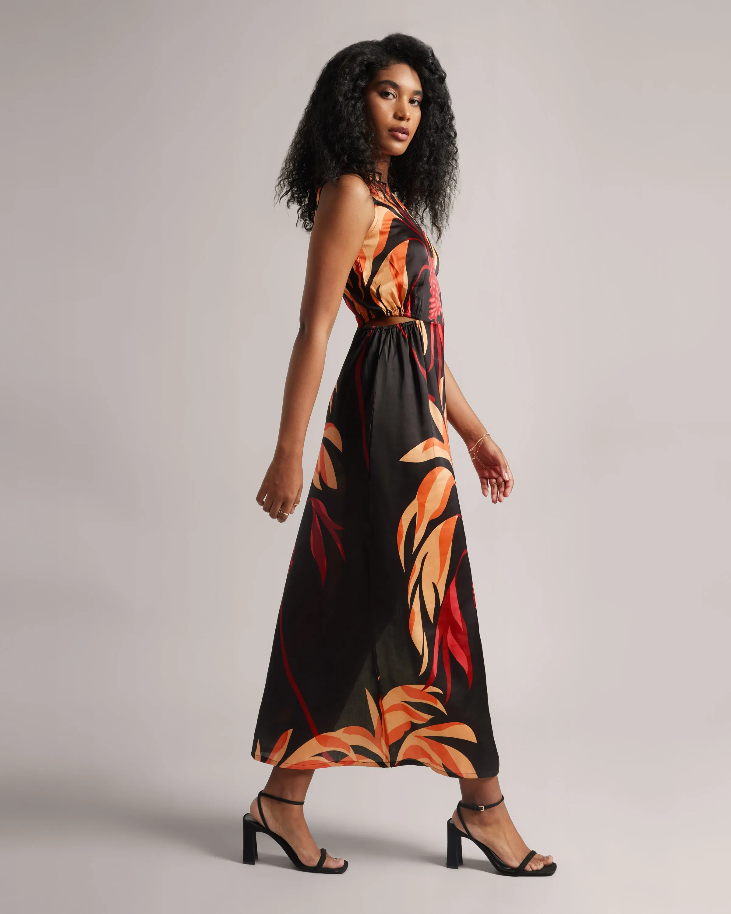 Black Fiery Printed One-Shoulder Slit Maxi Dress