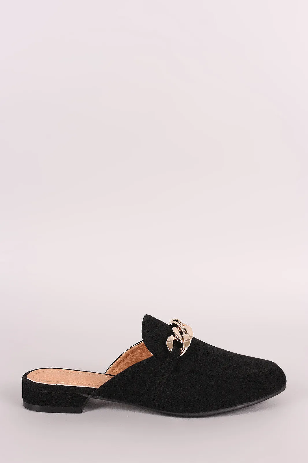 Chained Suede Almond Toe Mule Loafer Flat