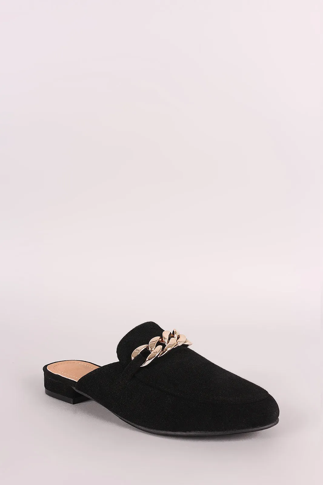 Chained Suede Almond Toe Mule Loafer Flat