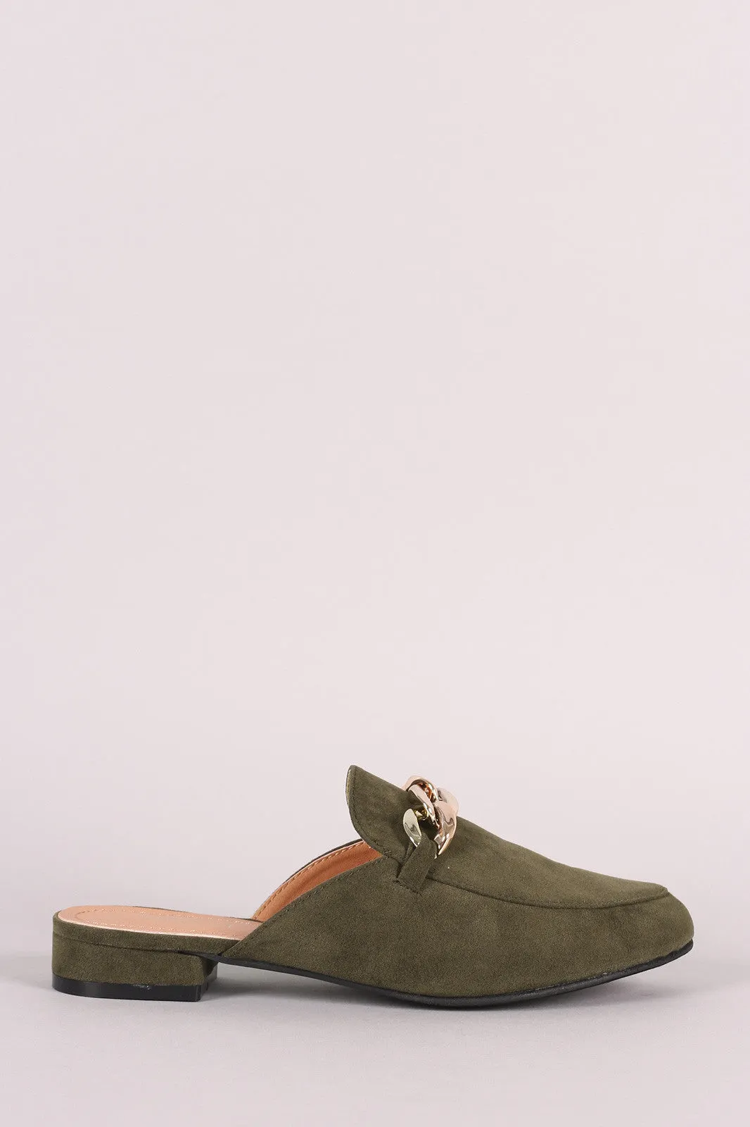 Chained Suede Almond Toe Mule Loafer Flat