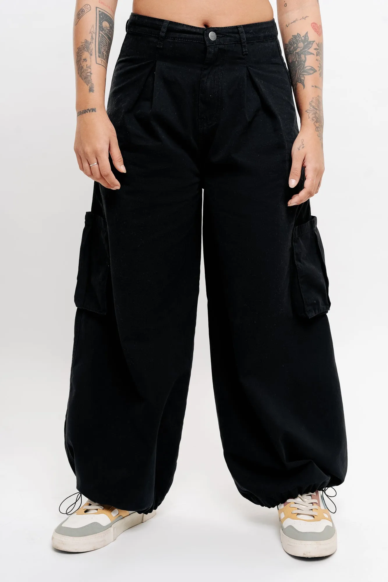 Denim Black Pleated Wide Balloon Pants