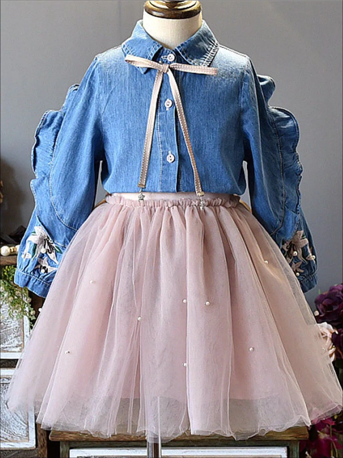 Denim Darling Blouse And Tutu Skirt Set