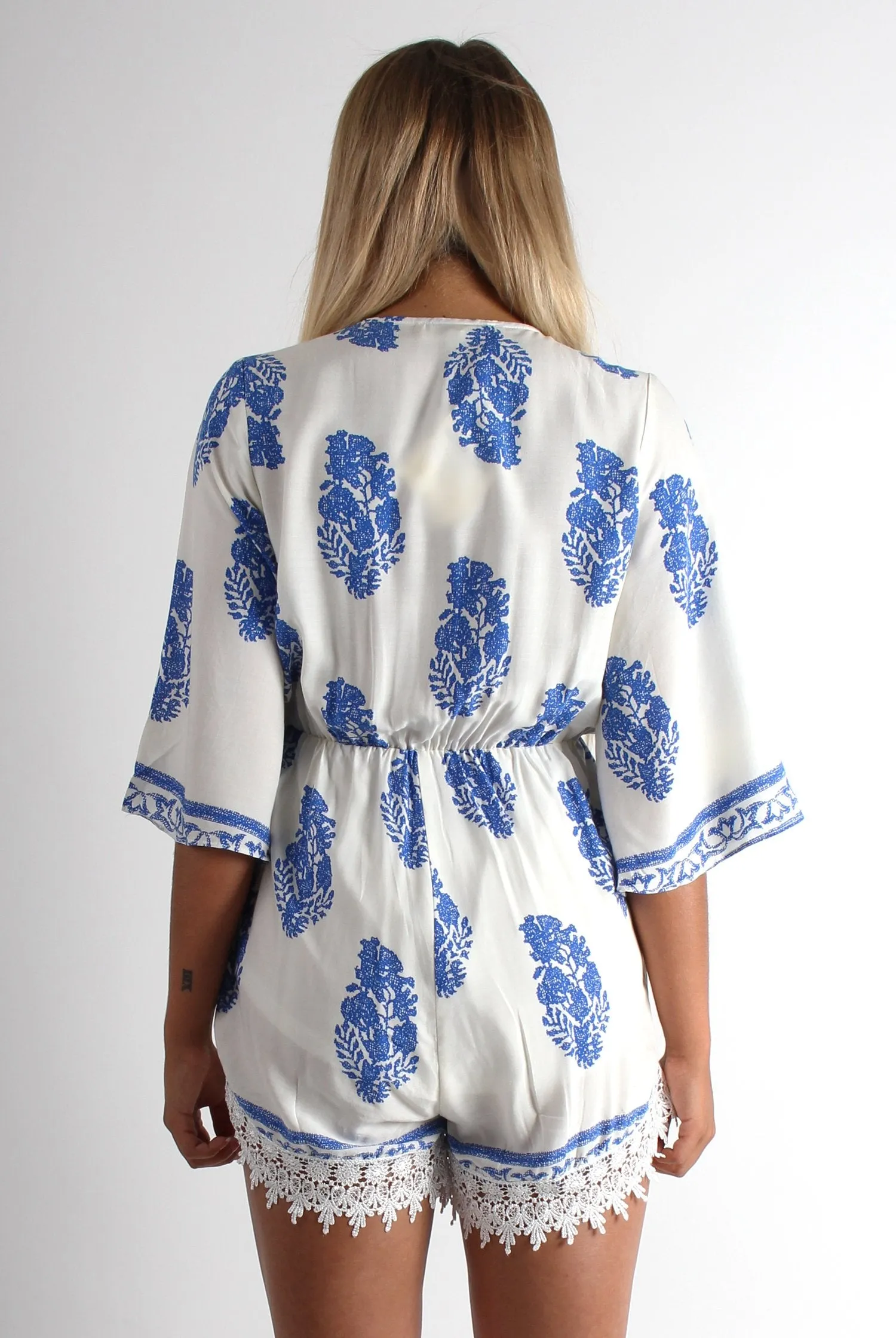 Emmy White Paisley Print Crochet Playsuit