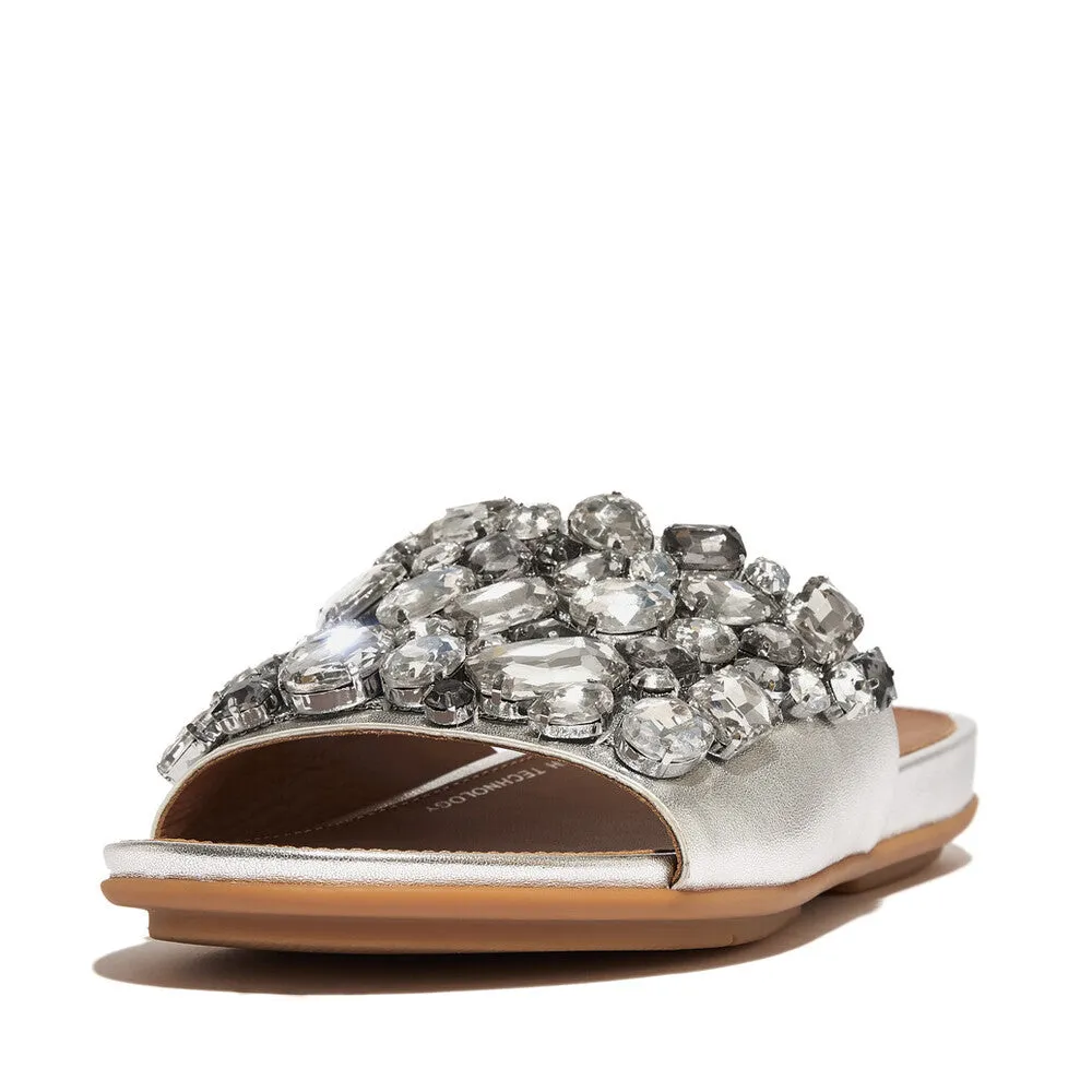 FitFlop HQ6-011 Gracie Jewel-Deluxe Ladies Silver Leather Slider Sandals