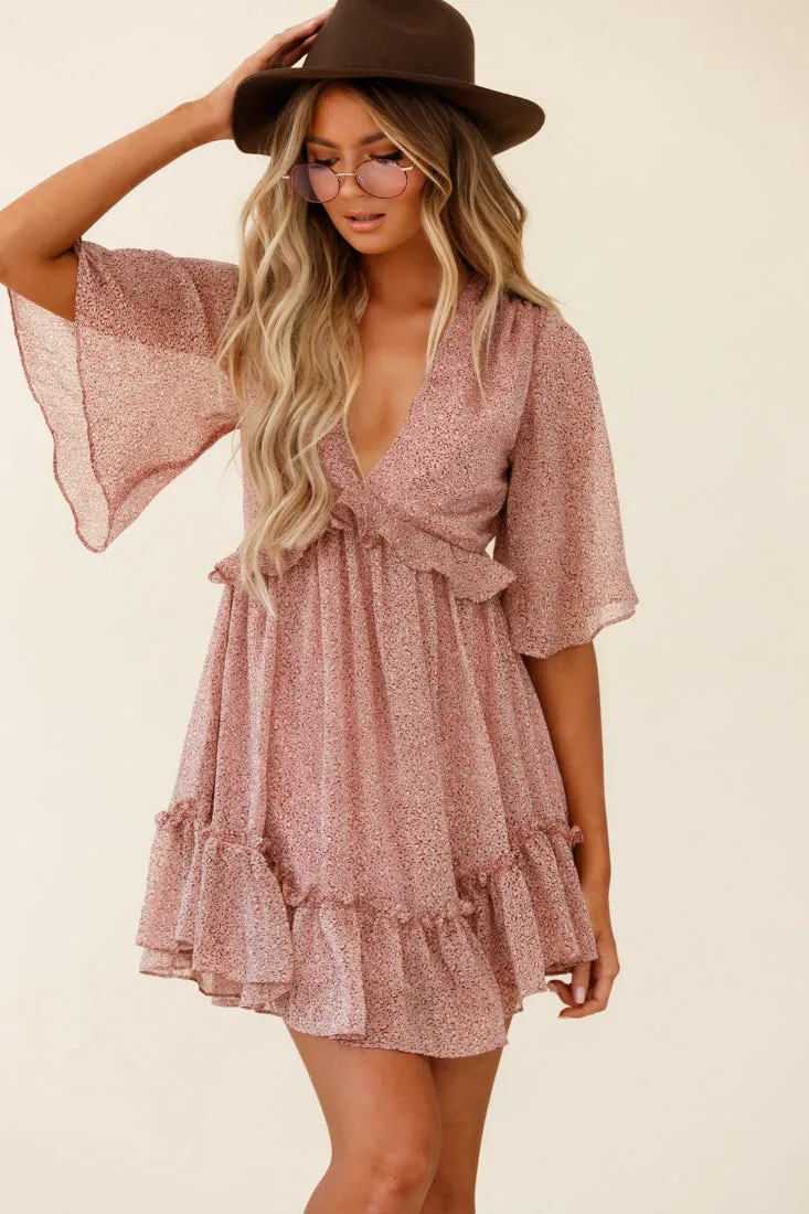 Flissy Angel Sleeve Cut-Out Babydoll Dress Leopard Print Blush