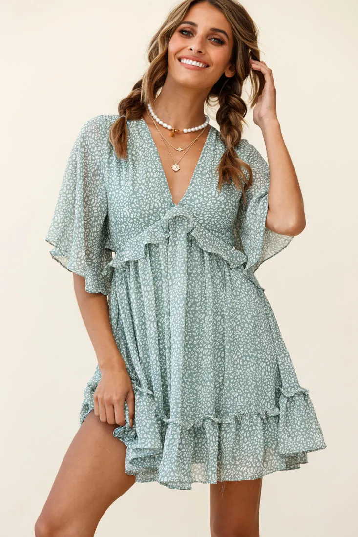 Flissy Angel Sleeve Cut-Out Babydoll Dress Speckle Print Olive