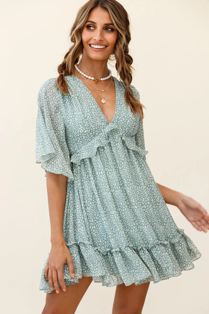 Flissy Angel Sleeve Cut-Out Babydoll Dress Speckle Print Olive