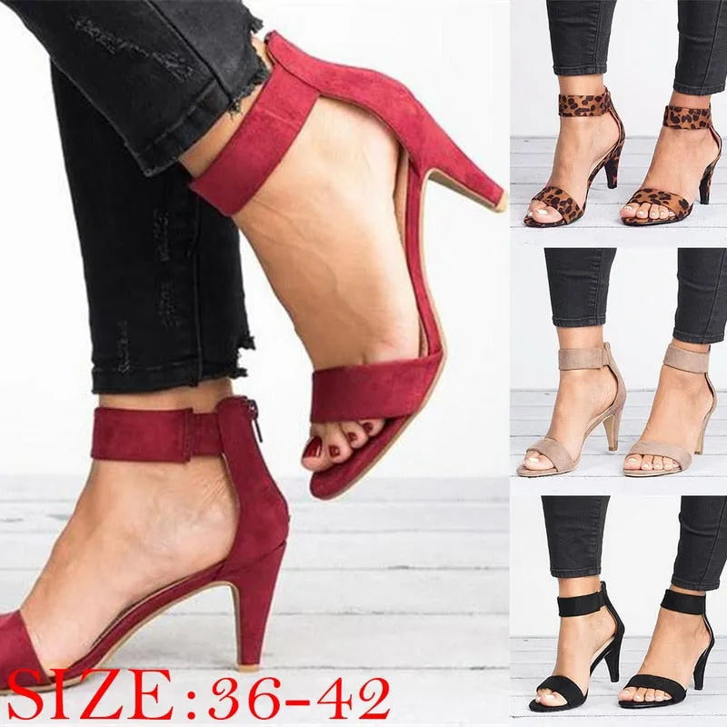 Flock Buckle Strap Spiked High Heel Sandals