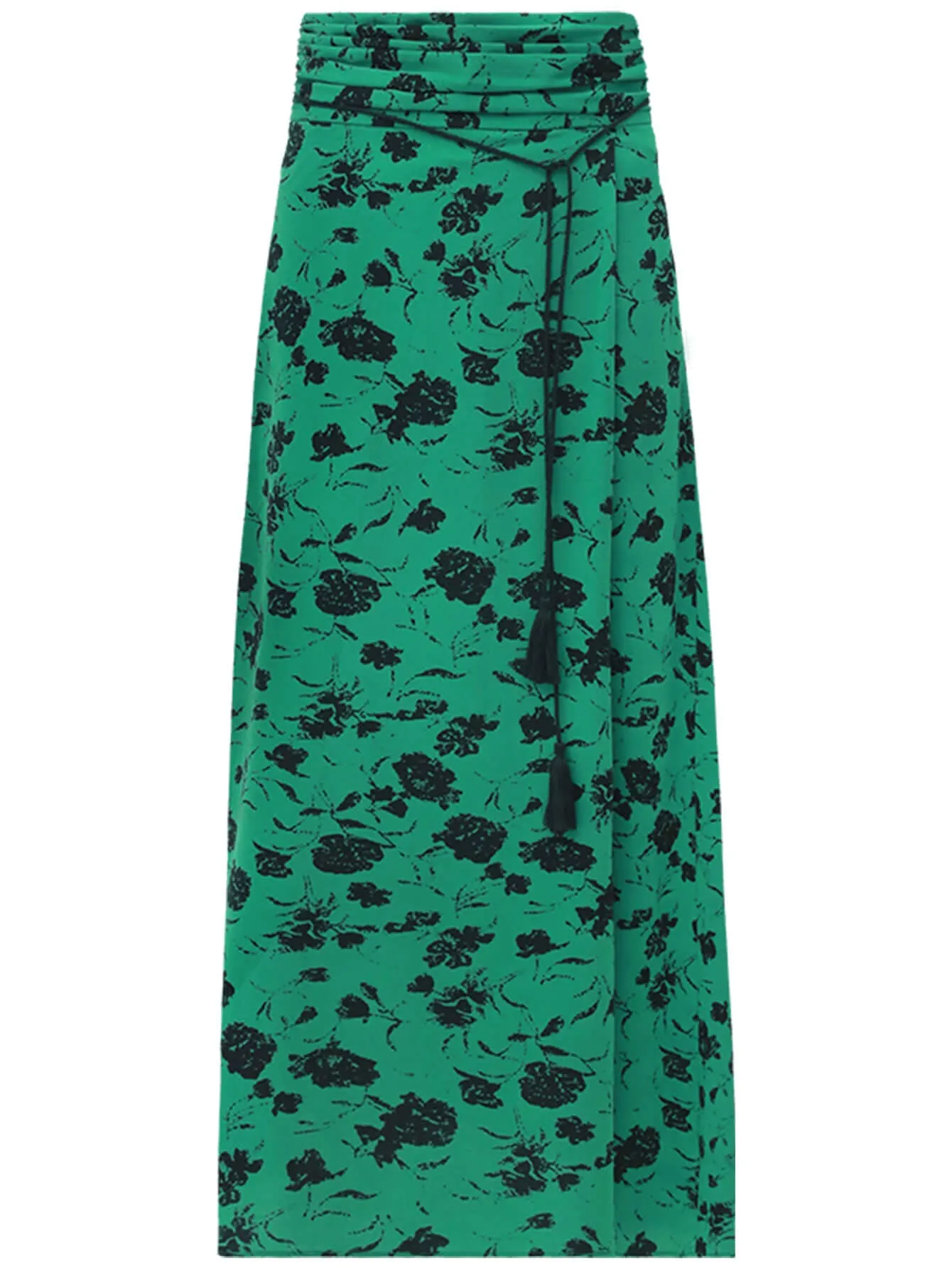 Floral Green and Black High-Waist Midi Skirt