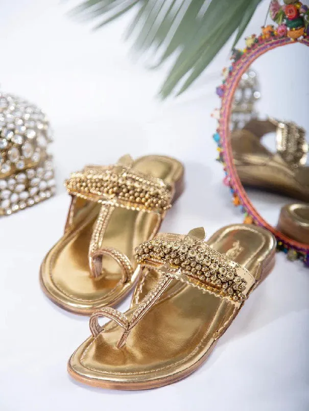 Ghugroo Love - Golden Handcrafted Kolhapuri Flats