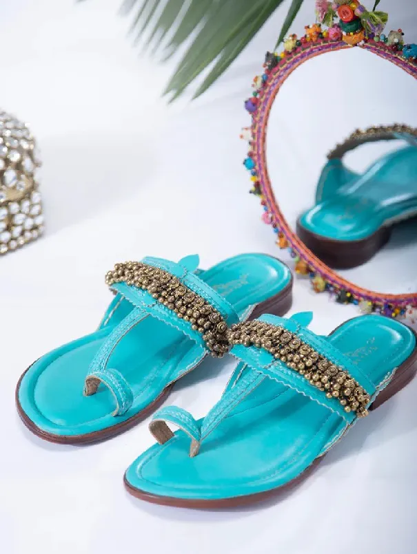 Ghugroo Love - Turqouise Handcrafted Kolhapuri Flats