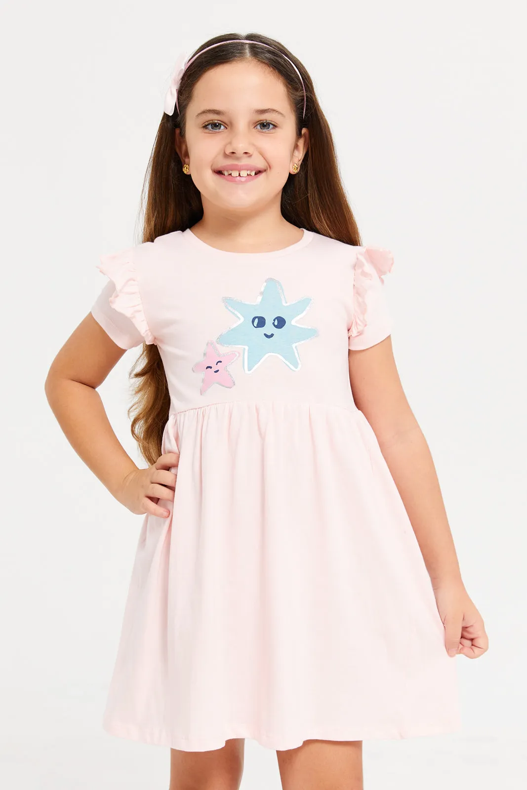 Girls Pink Embellished Frilled Short Sleeve