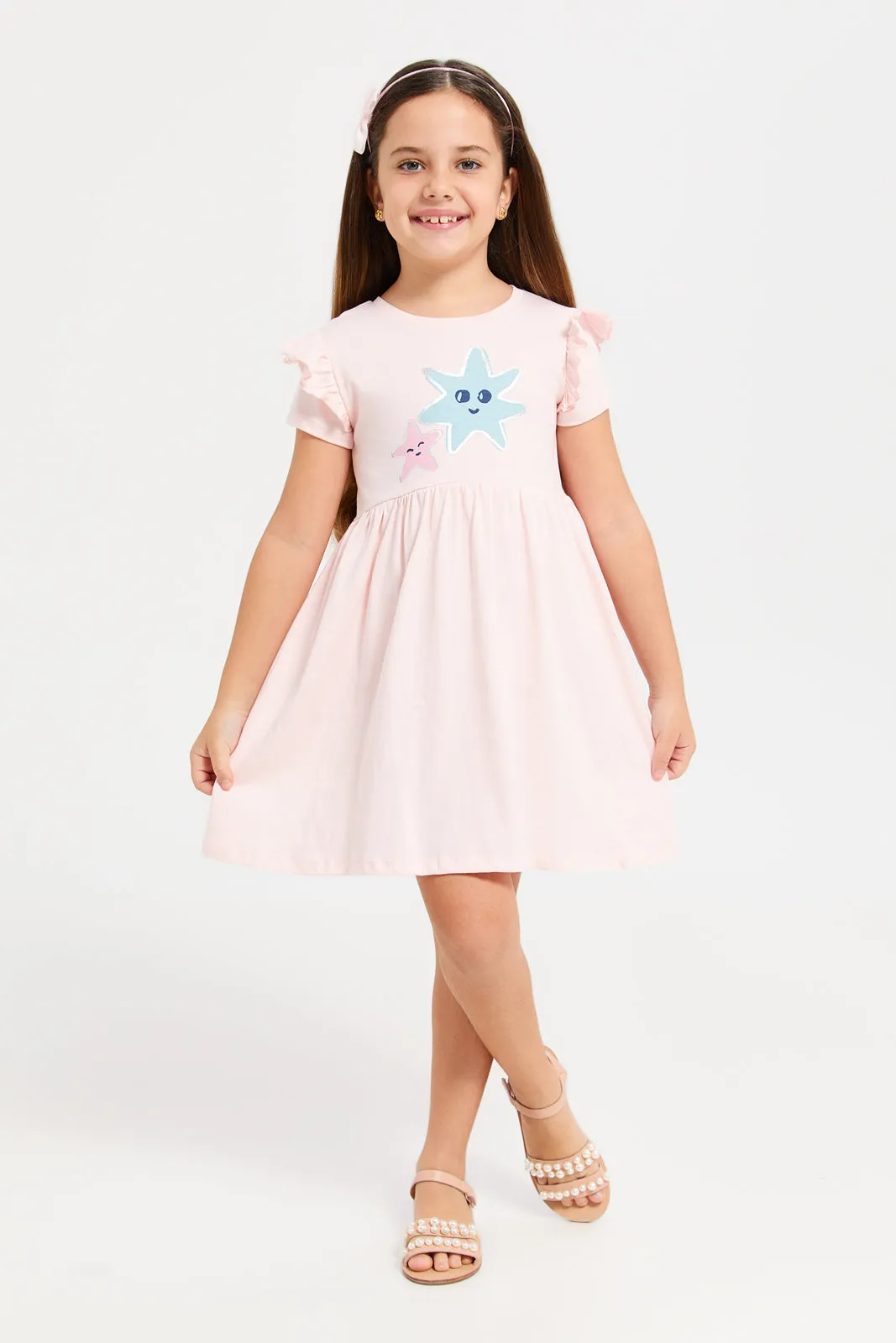 Girls Pink Embellished Frilled Short Sleeve