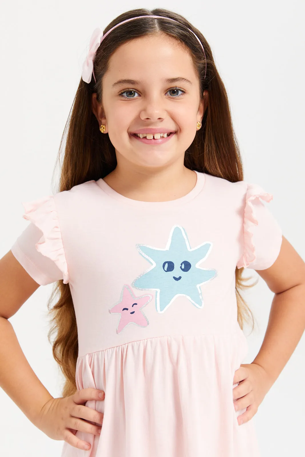 Girls Pink Embellished Frilled Short Sleeve