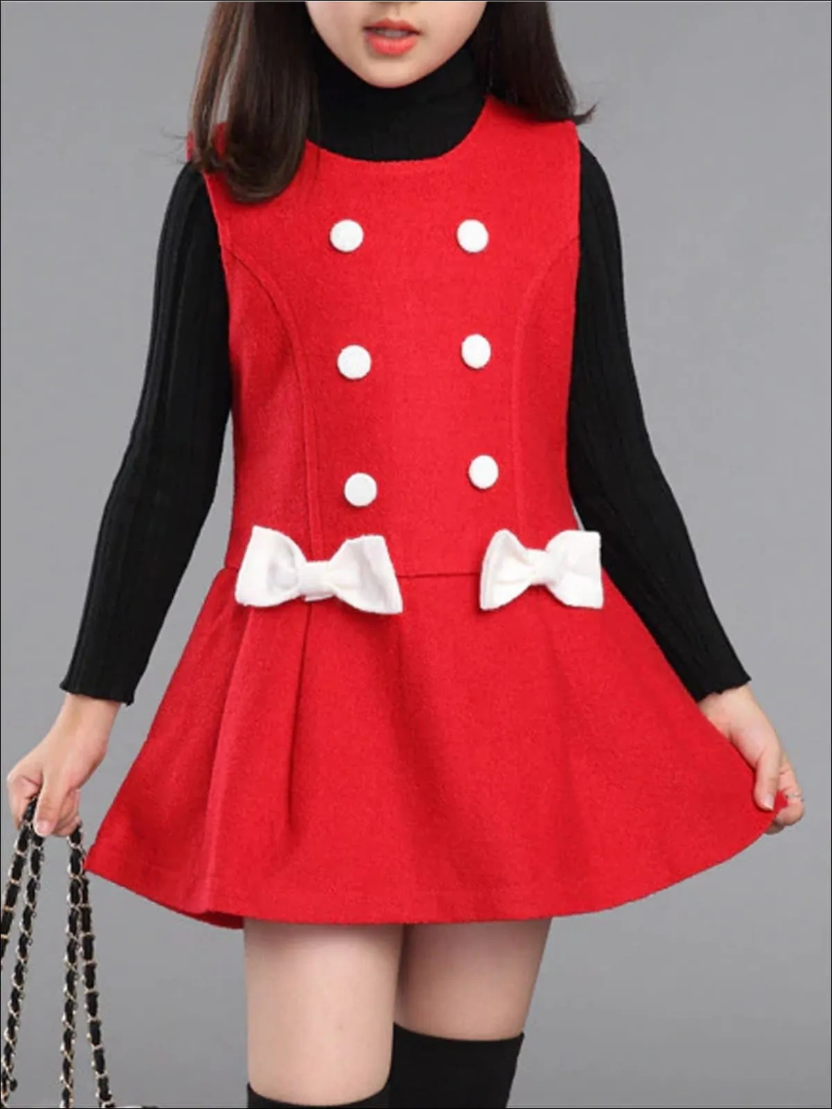 Girls Preppy Fall Button Up Bow Tie Wool Dress