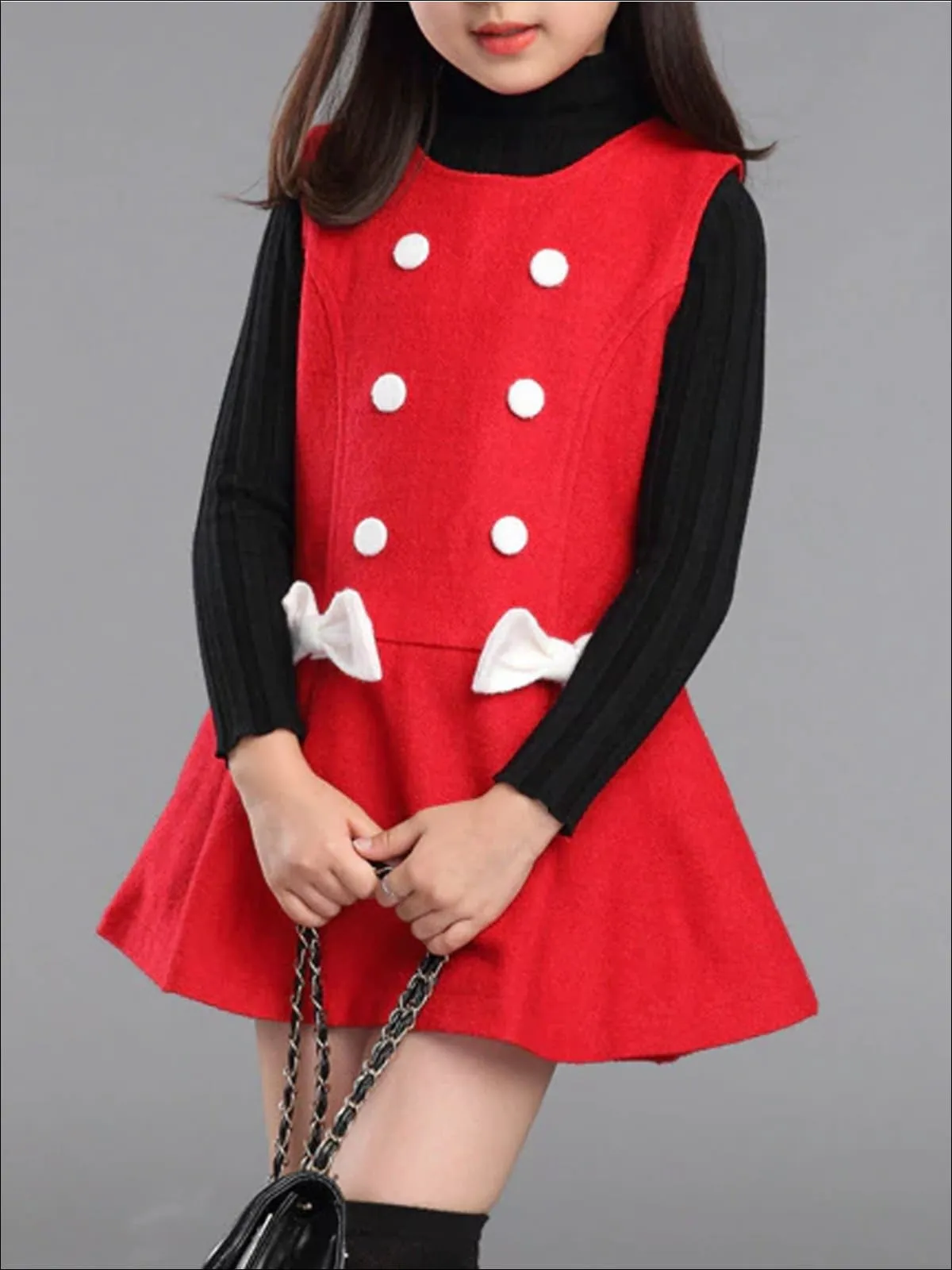 Girls Preppy Fall Button Up Bow Tie Wool Dress