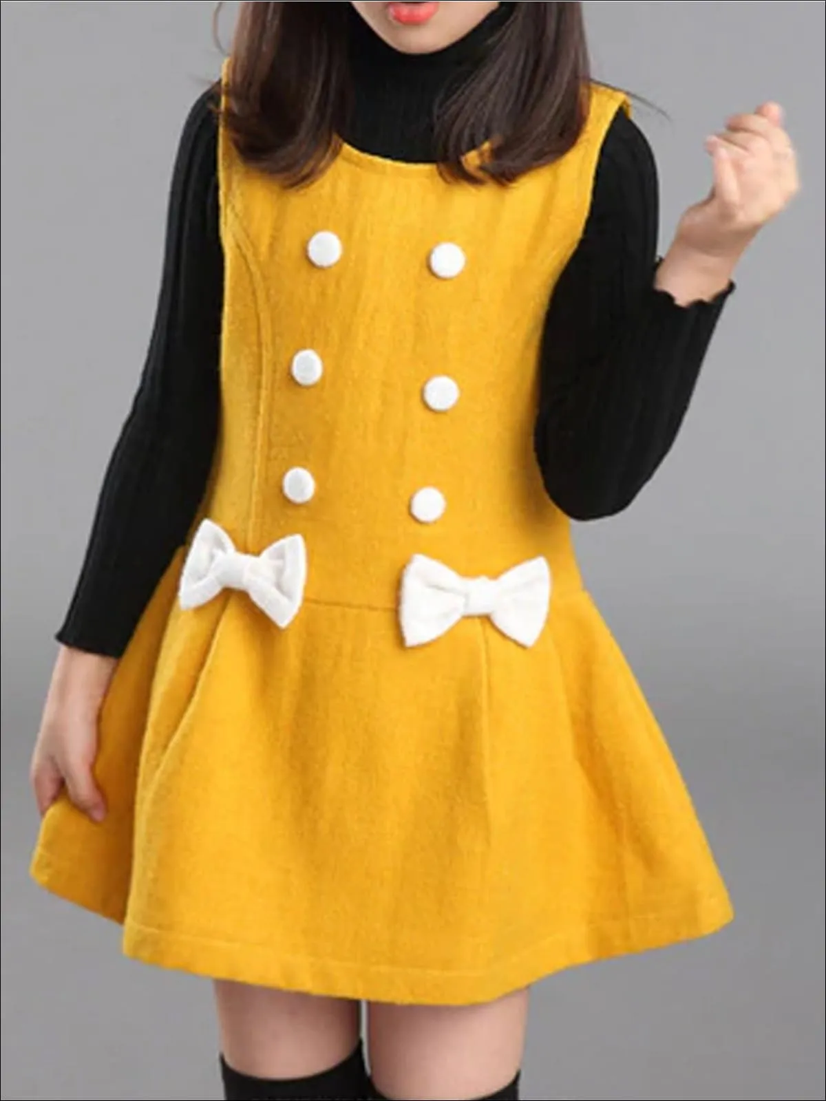 Girls Preppy Fall Button Up Bow Tie Wool Dress