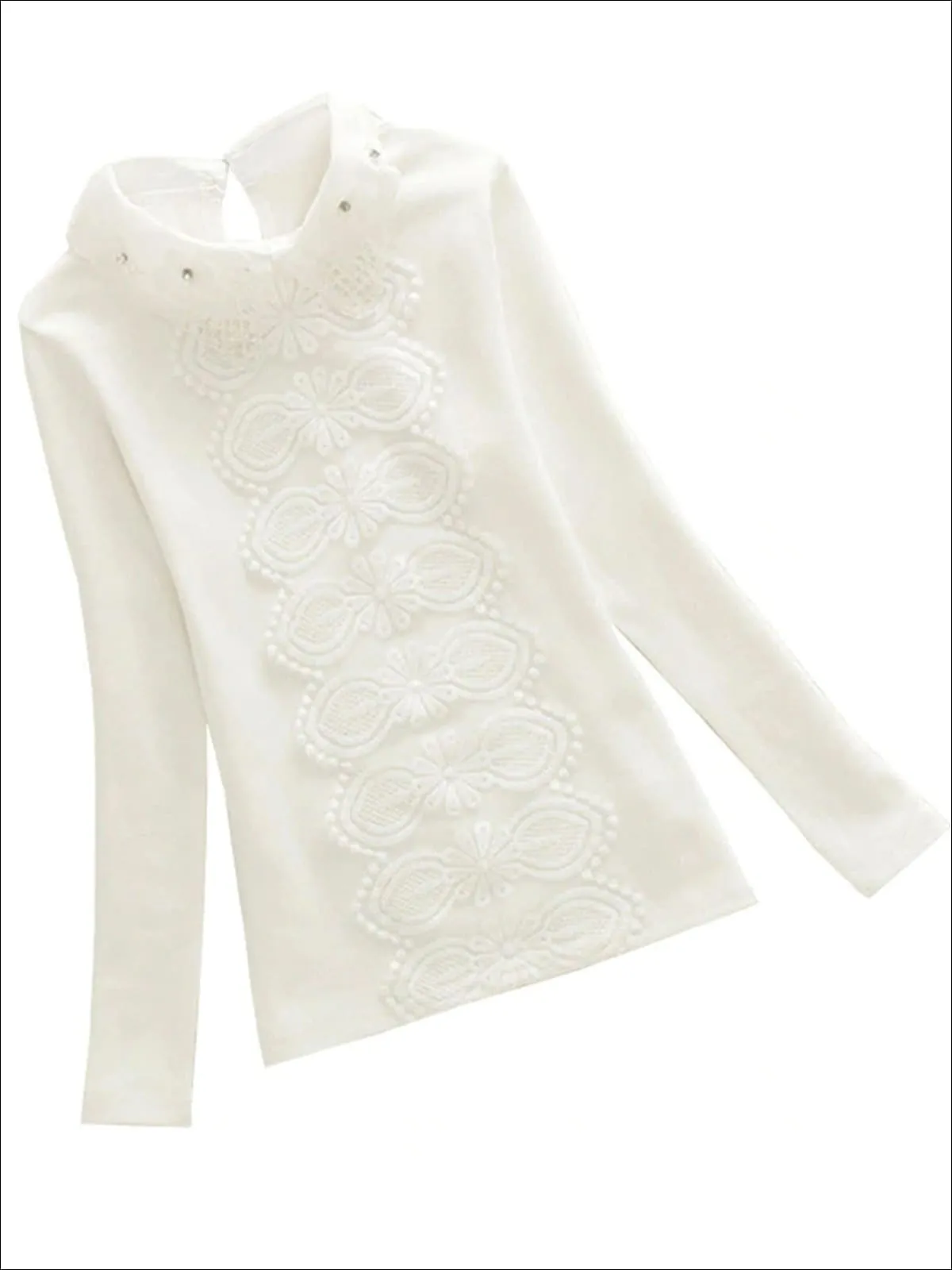 Girls Preppy Floral Lace Applique Long Sleeve Top