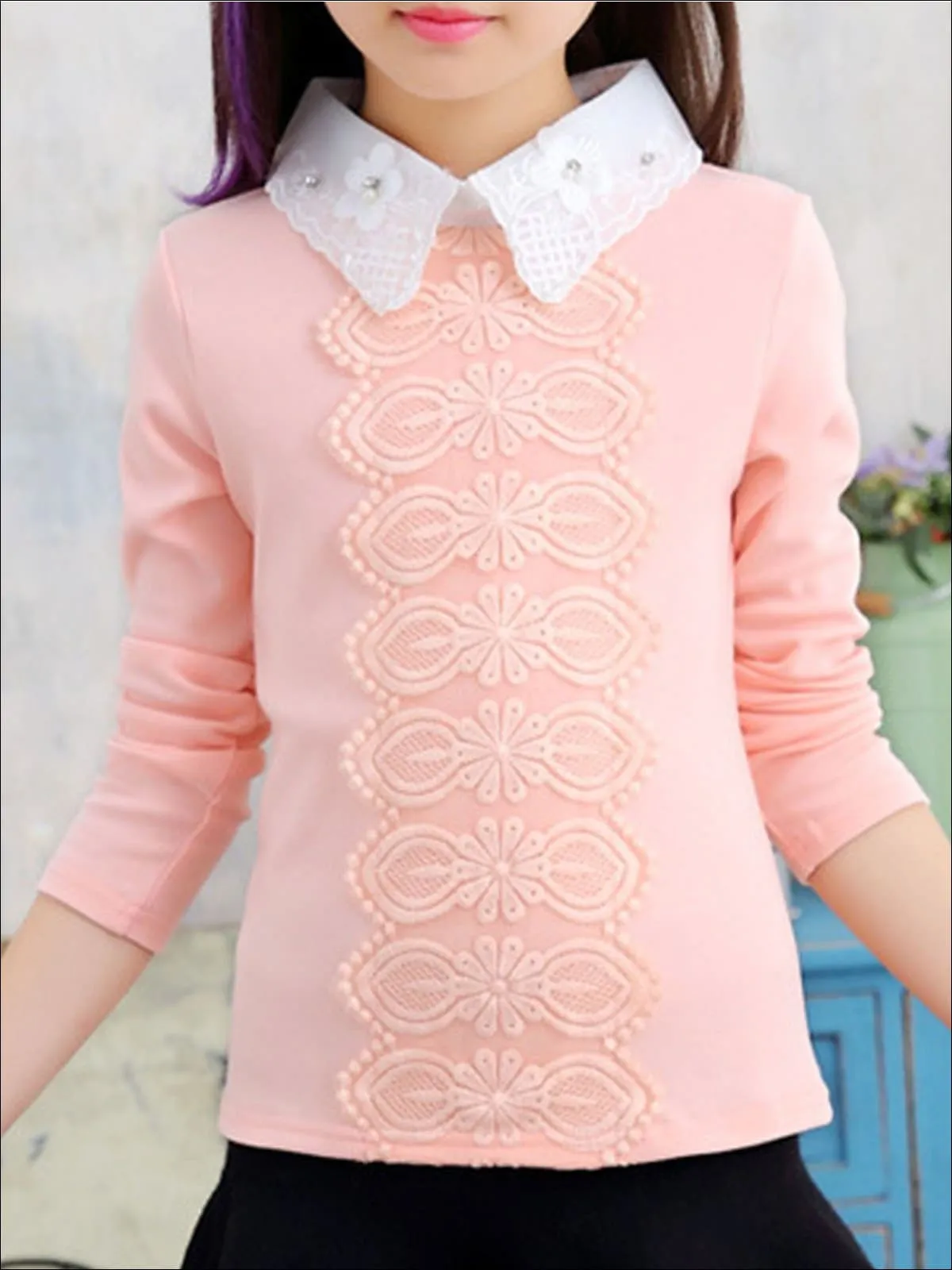 Girls Preppy Floral Lace Applique Long Sleeve Top