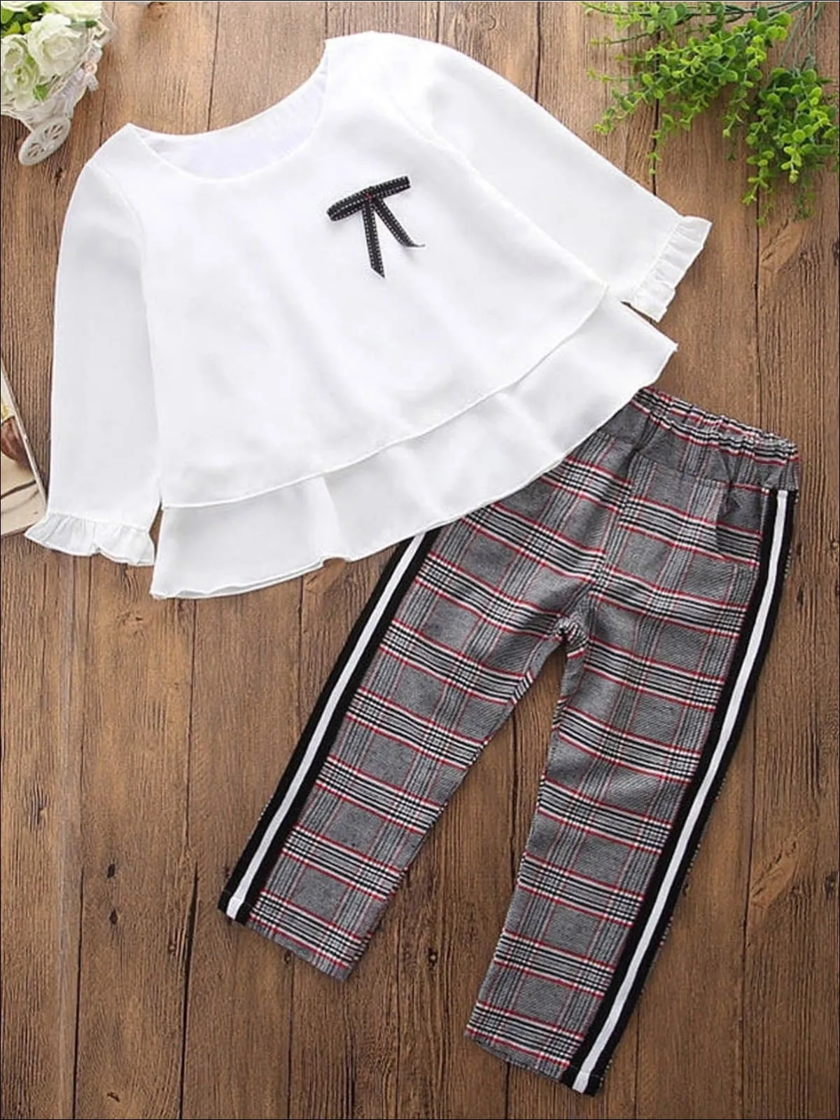 Girls Preppy White Long Sleeve Layered Ruffle Blouse With Ribbon And Plaid Trousers Set