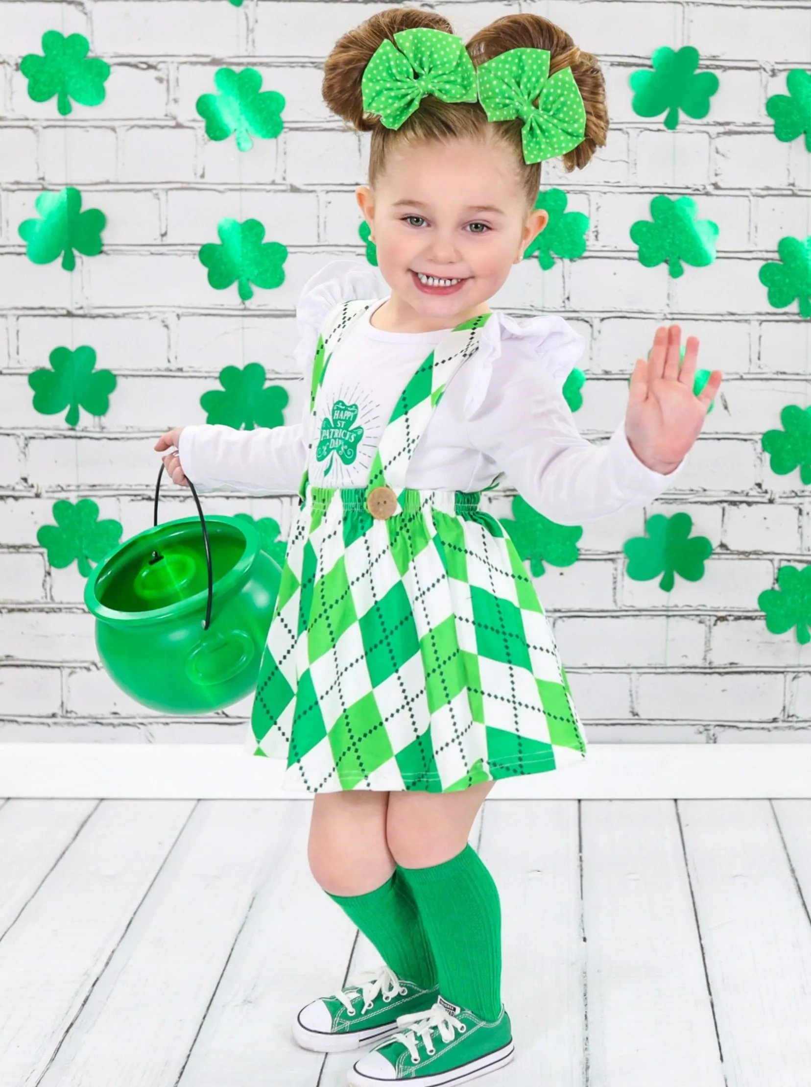 Happy St. Patty Argyle Overall Skirt Set