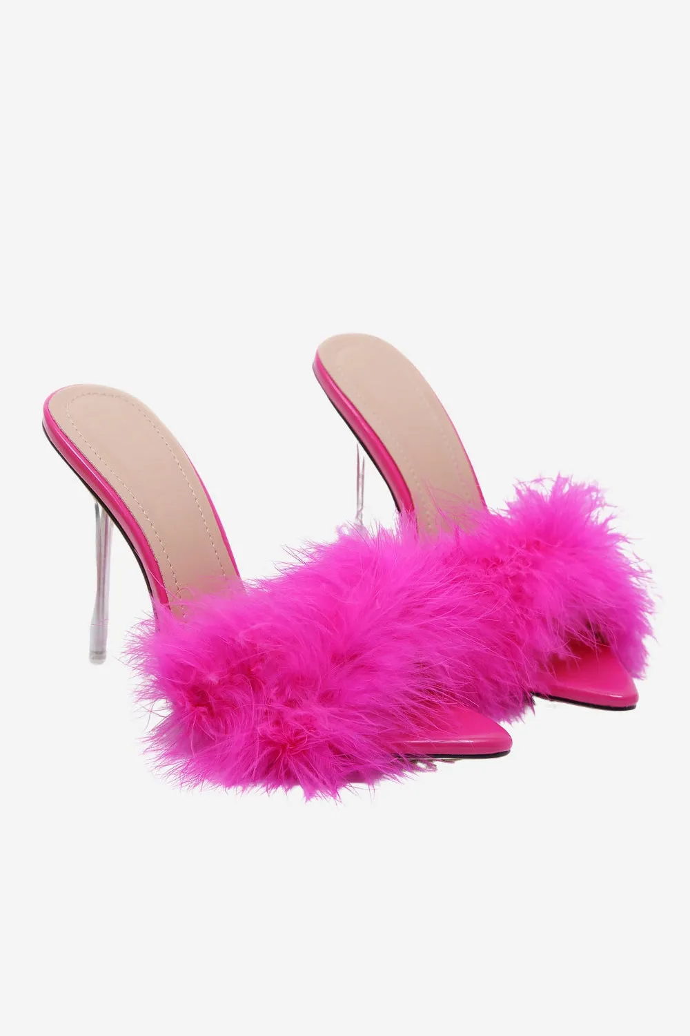 Hot Pink Feathers Pointed Toe Stiletto Sandals