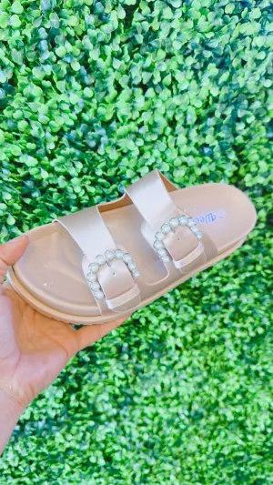 Jewel of the Sea Faux Pearl Buckle Slide Sandals