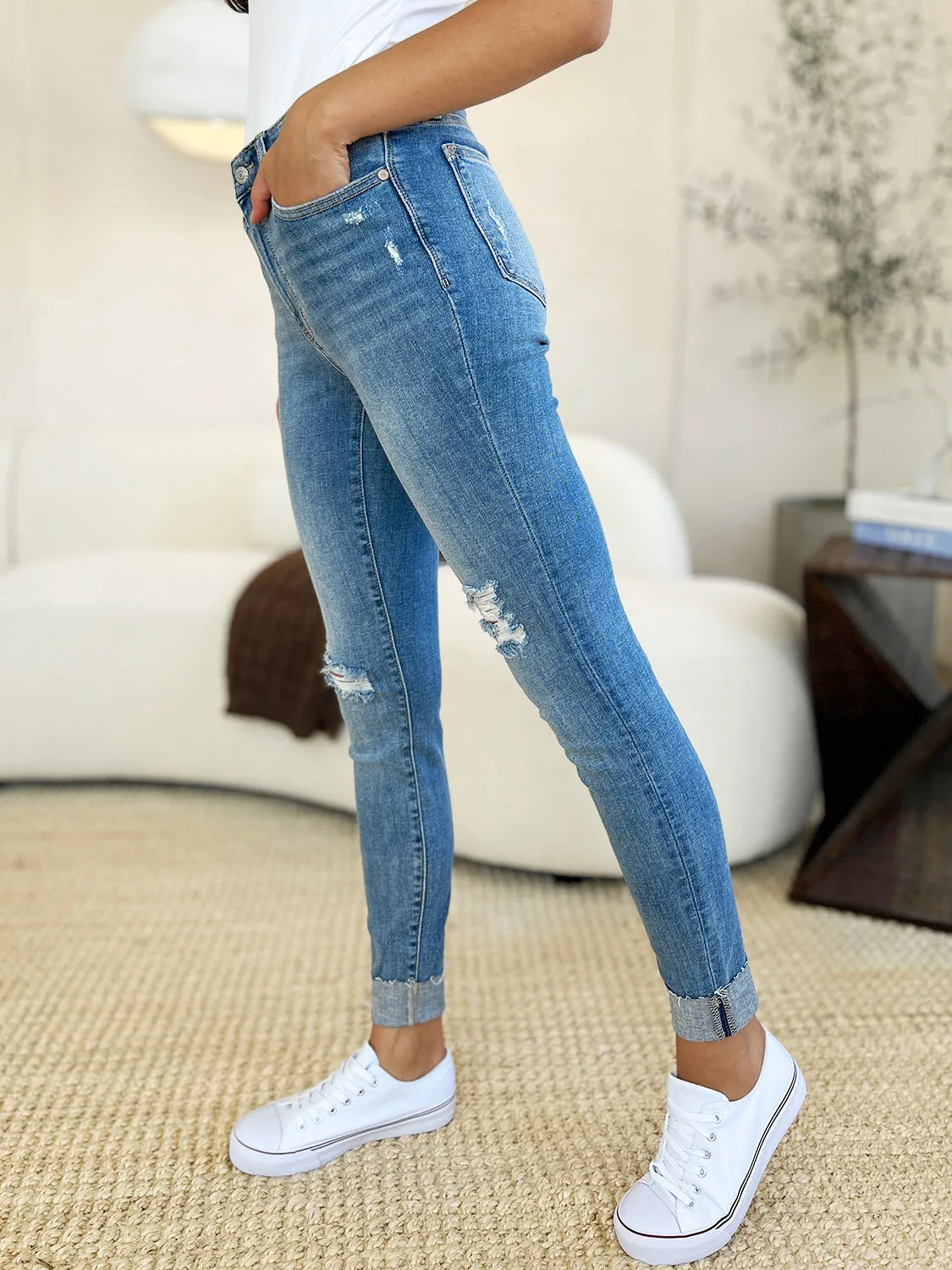 Judy Blue Mid Rise Destroy & Cuff Skinny Jeans [Online Exclusive]