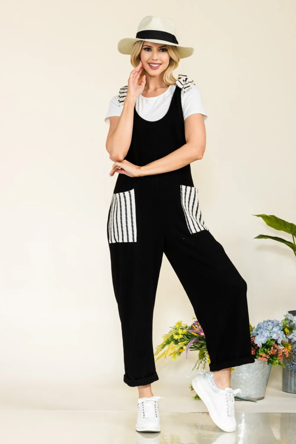 KESLEY Stripe Contrast Pocket Rib Jumpsuit Petite and Plus Size Pants Romper Women's Fashion