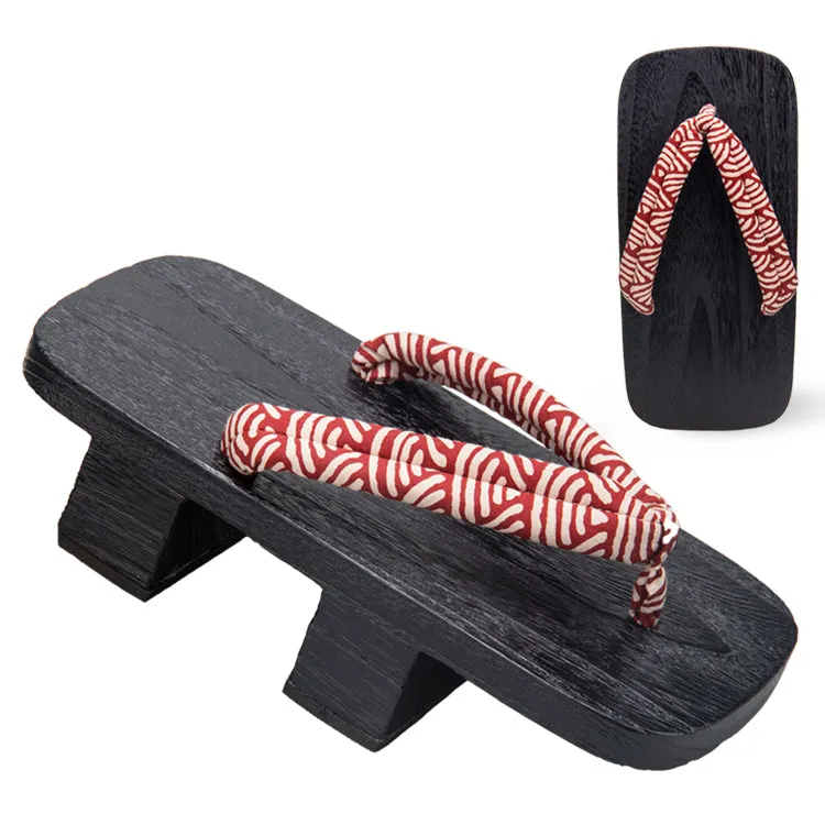 Men Black Two Teeth Geta Wooden Sandals 【Red Japanese Wave】