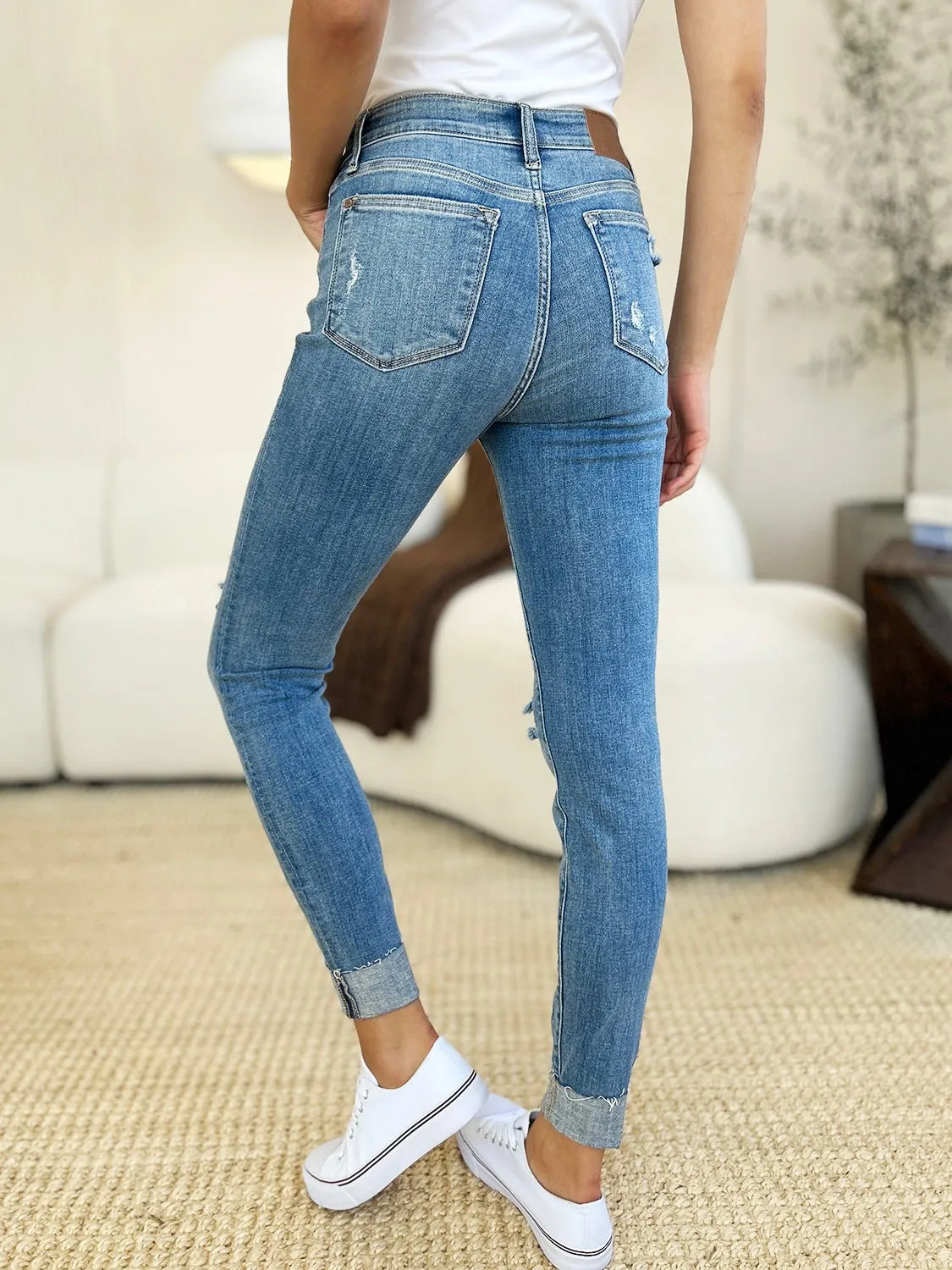 Mid Rise Destroy & Cuff Skinny Jeans - Judy Blue