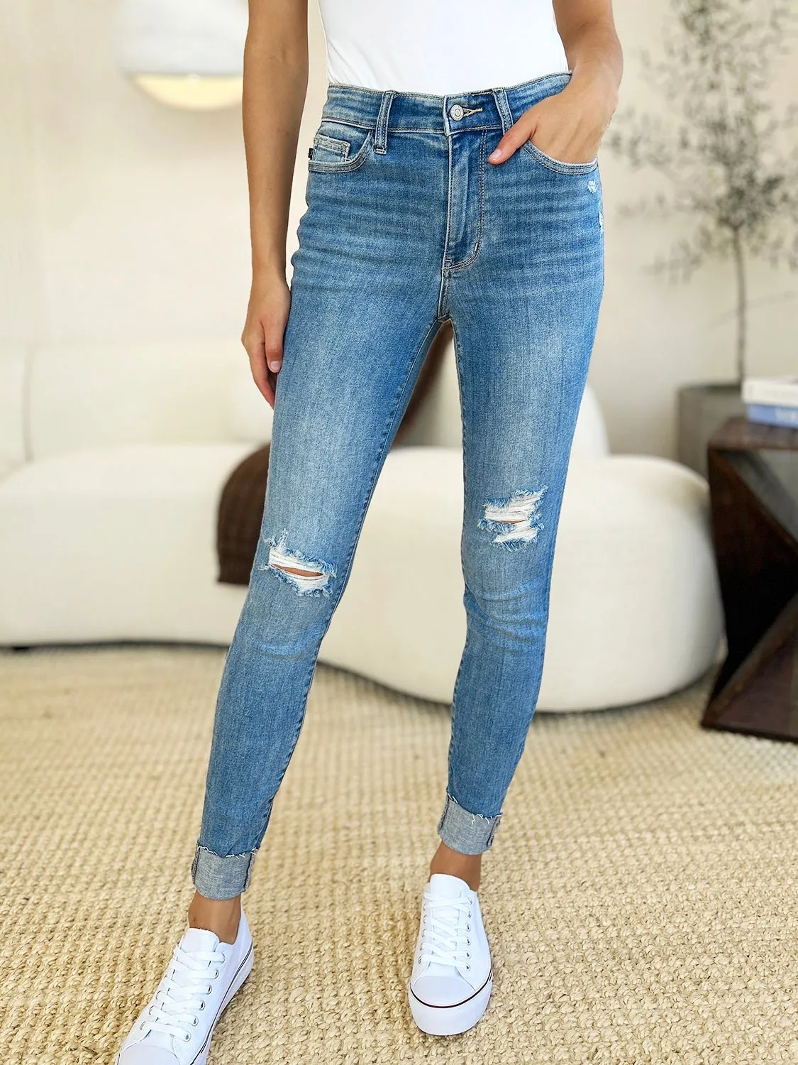 Mid Rise Destroy & Cuff Skinny Jeans - Judy Blue