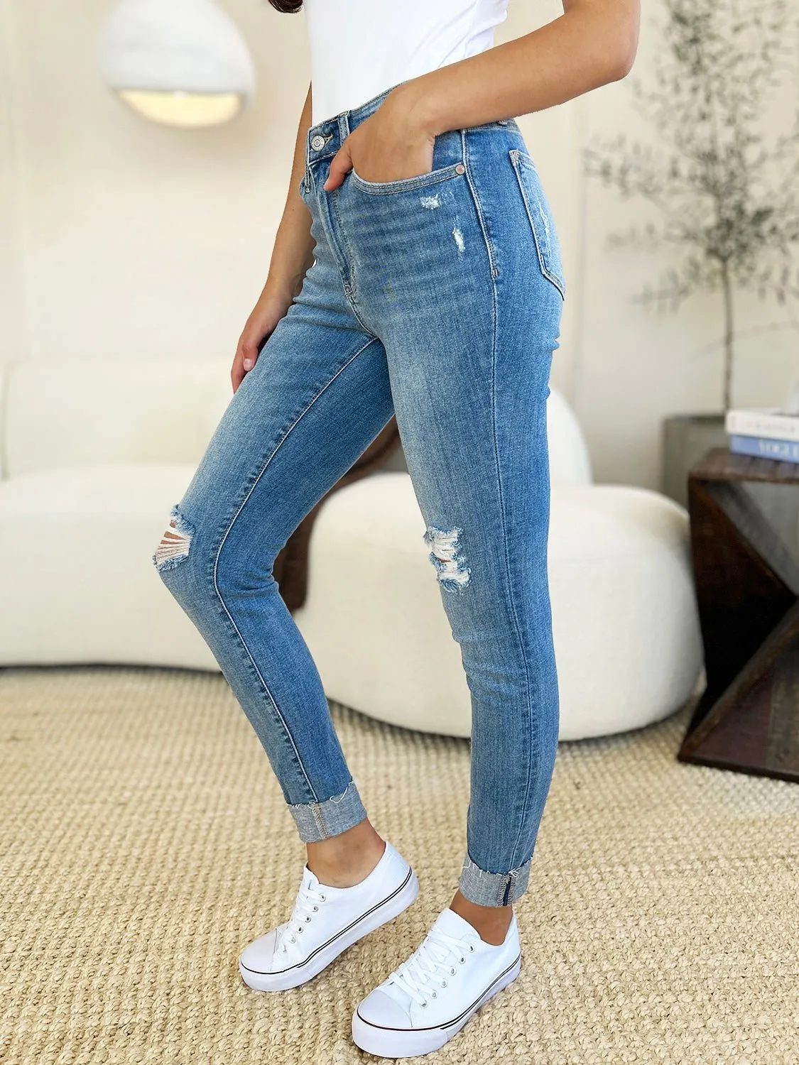 Mid Rise Destroy & Cuff Skinny Jeans - Judy Blue