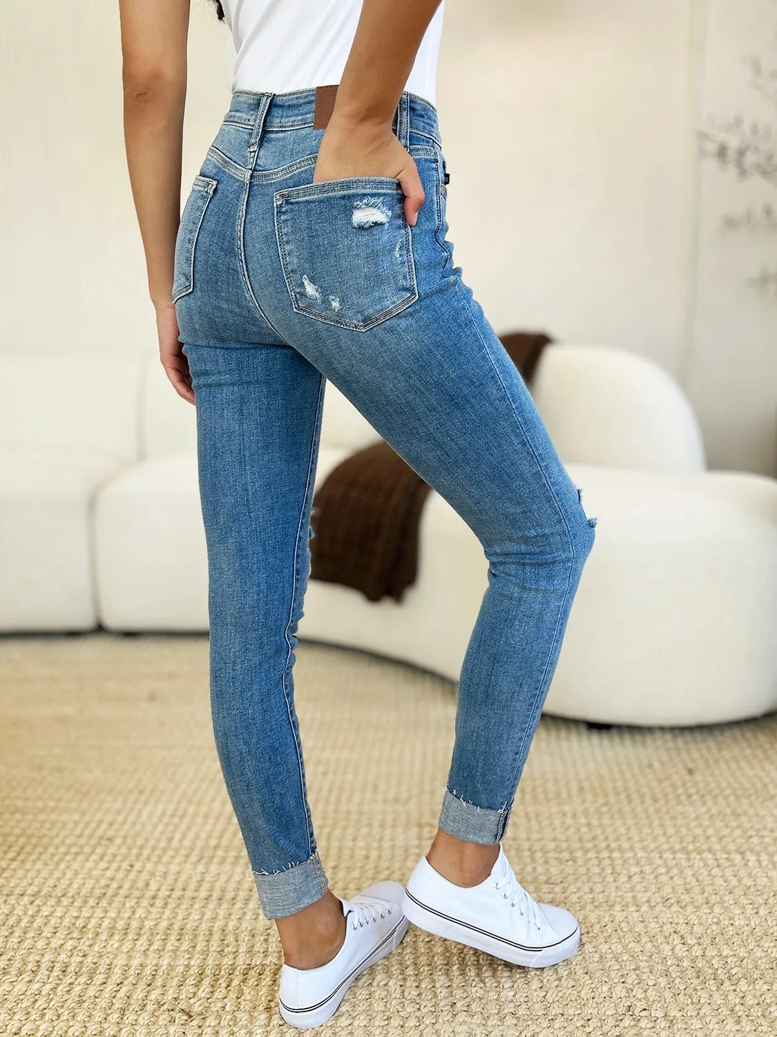 Mid Rise Destroy & Cuff Skinny Jeans - Judy Blue