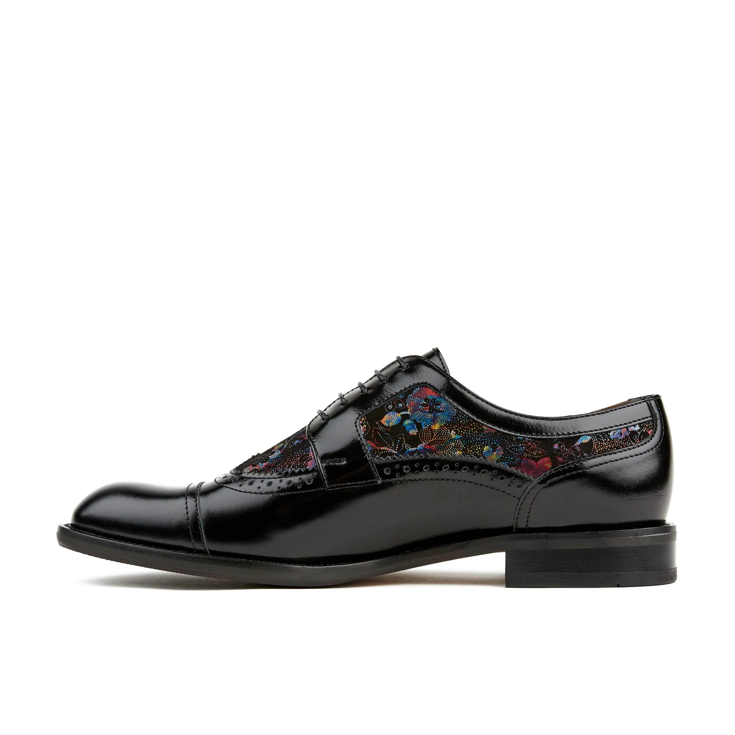 Orlando - Black Flower - Men's toe cap dressy black shoe with flower print leather