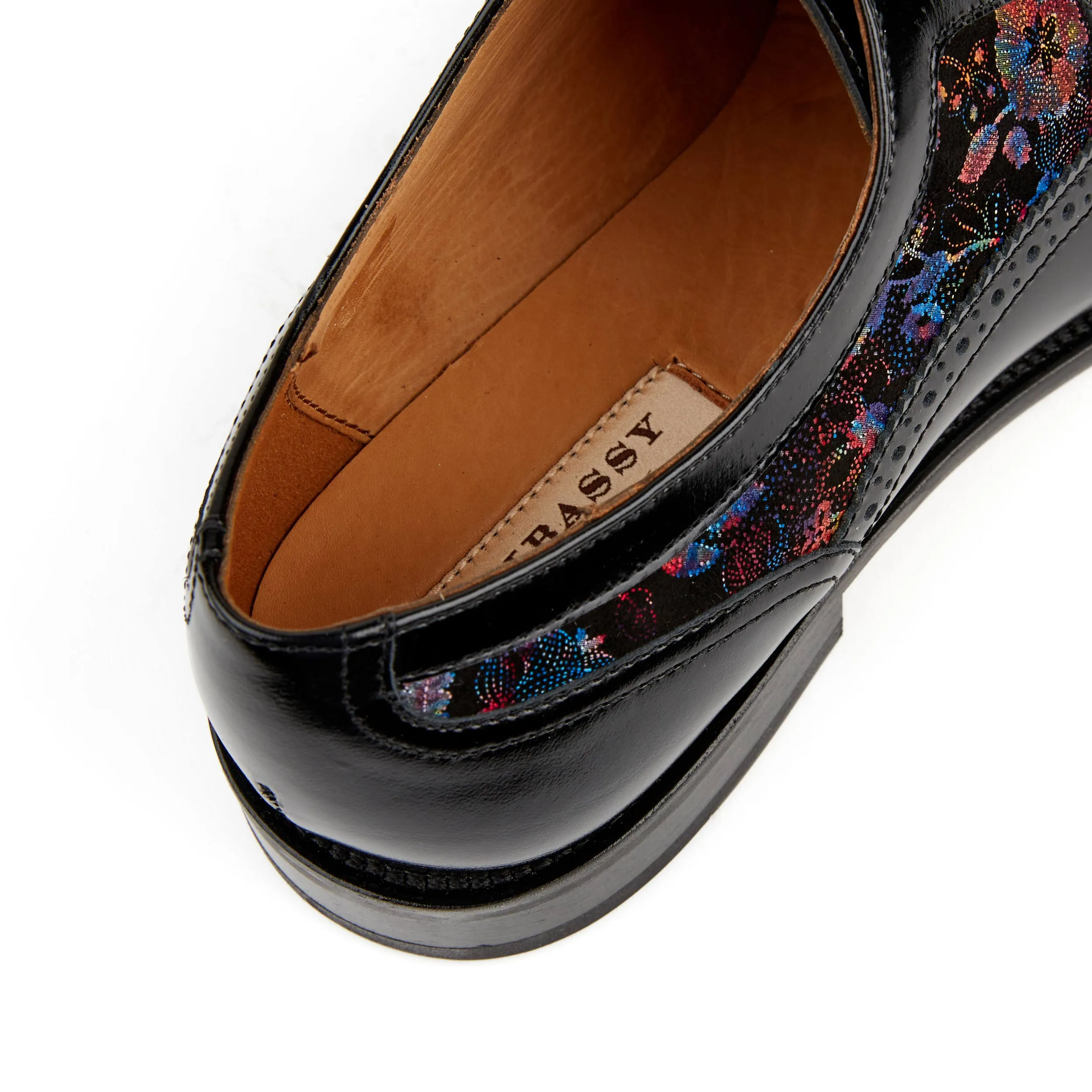 Orlando - Black Flower - Men's toe cap dressy black shoe with flower print leather