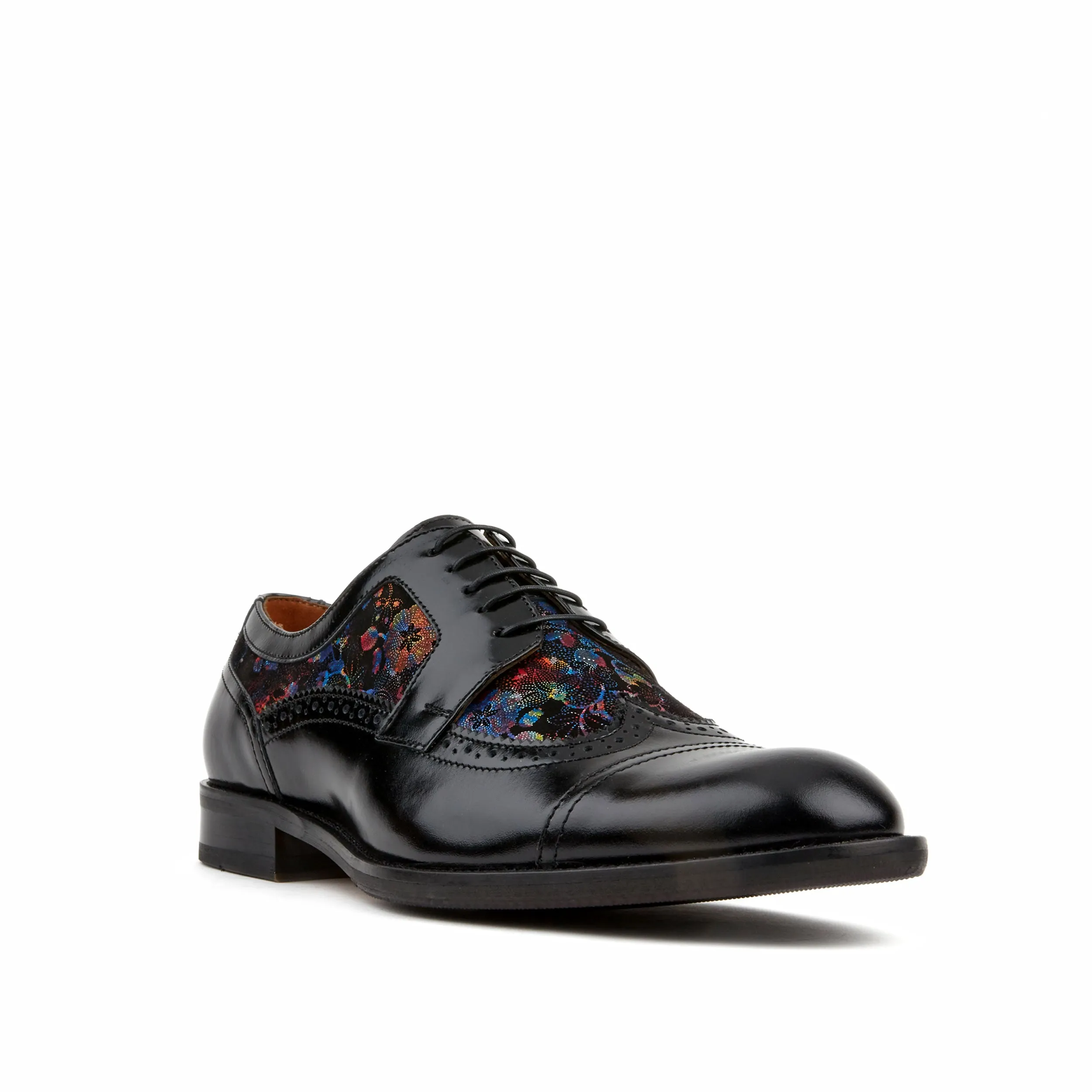 Orlando - Black Flower - Men's toe cap dressy black shoe with flower print leather