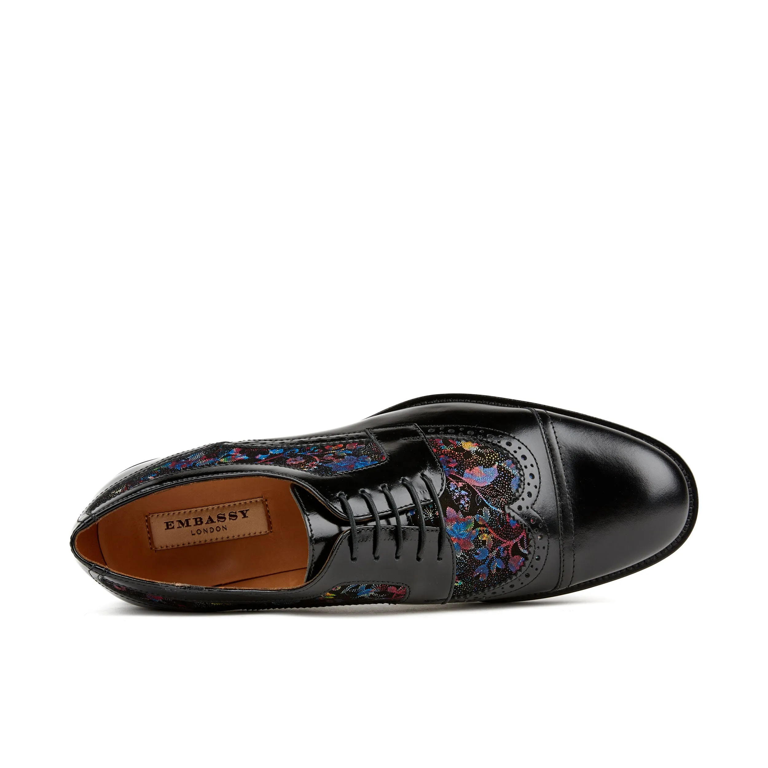 Orlando - Black Flower - Men's toe cap dressy black shoe with flower print leather