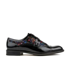 Orlando - Black Flower - Men's toe cap dressy black shoe with flower print leather