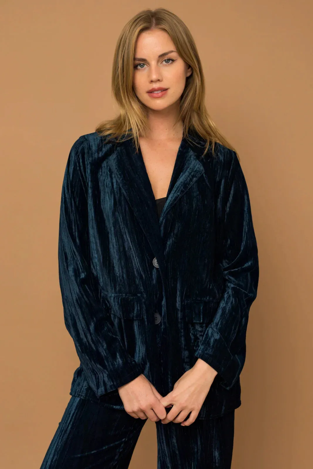 Oversize Crinkle Velvet Front Pocket Blazer Jacket