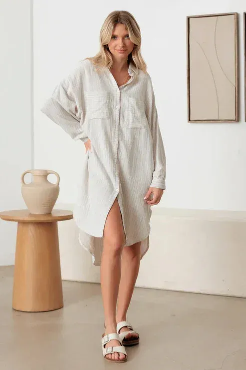 OVERSIZED POCKET HIGH-LOW HEM SHIRT DRESS