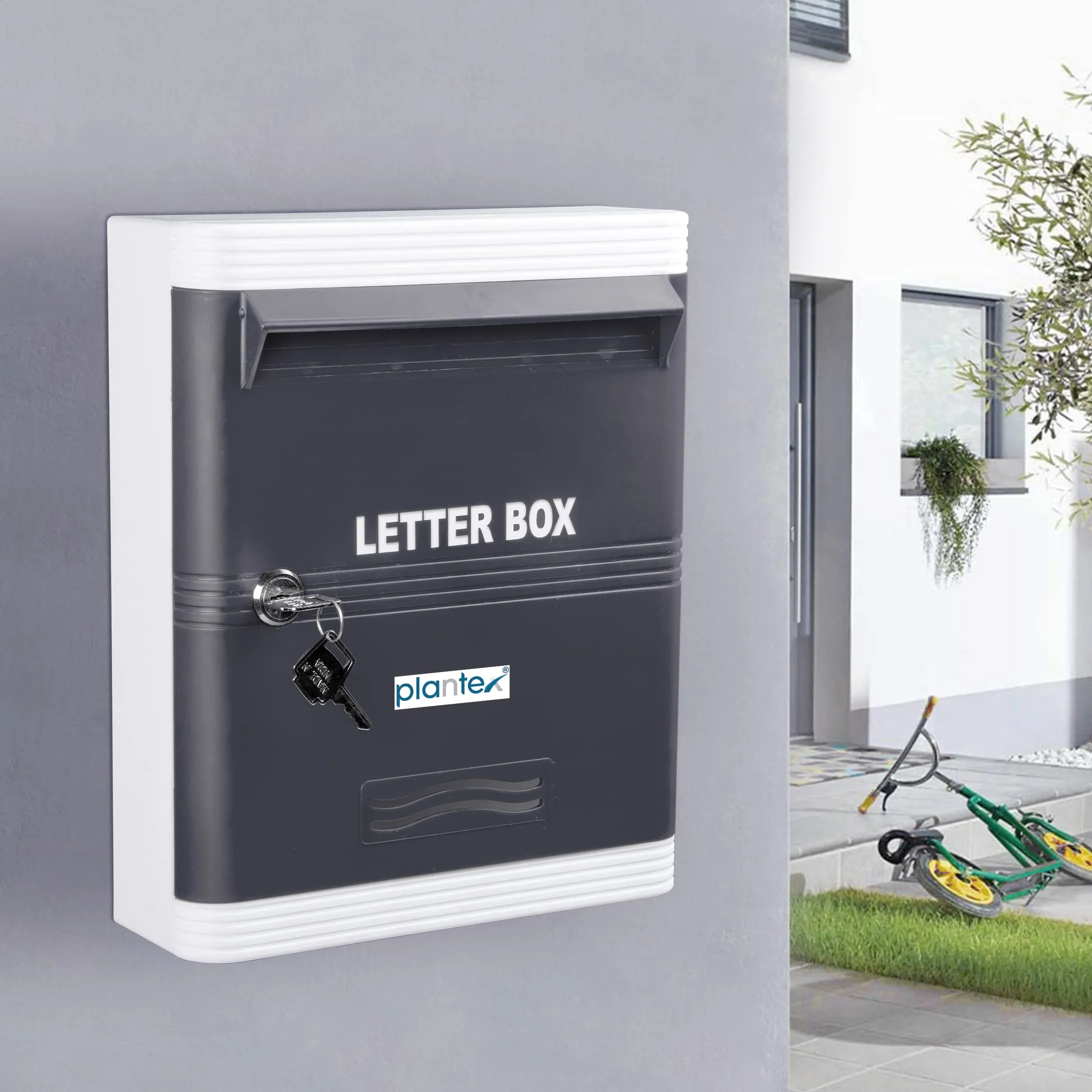 Plantex Virgin Plastic A4 Letter Box - Mail Box/Outdoor Mailboxes Home Decoration with Key Lock (Grey & White) - Wall Mount