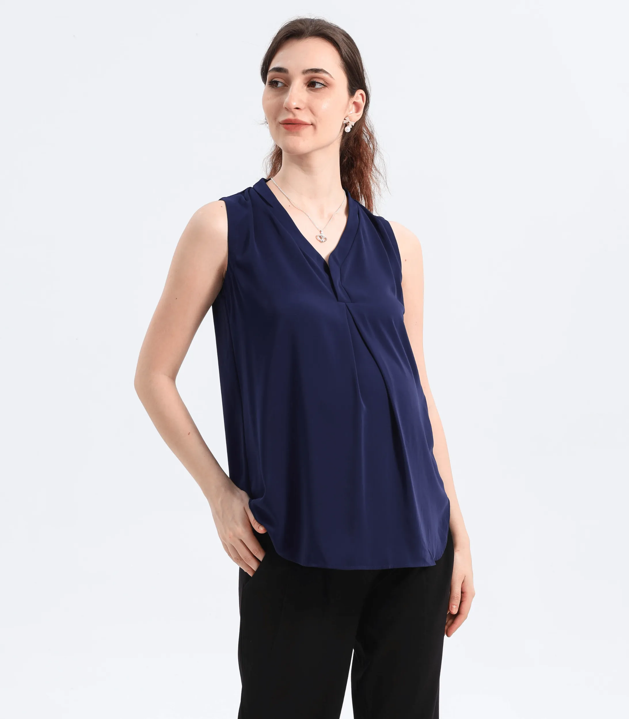 Pleat Front V-Neck Maternity Blouse