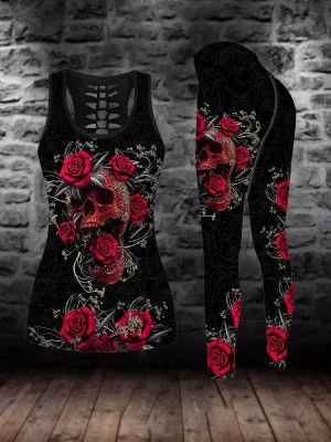 Plus Size Skull & Floral Print Two-Piece Set - Crew Neck Racerback Tank Top & Slim Pants Ensemble for Bold Women's Style