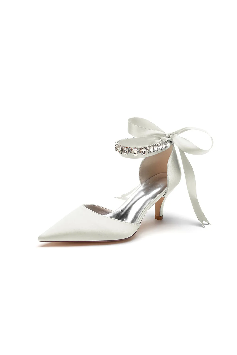 Pointed Toe Ribbons Kitten Heels With Diamond