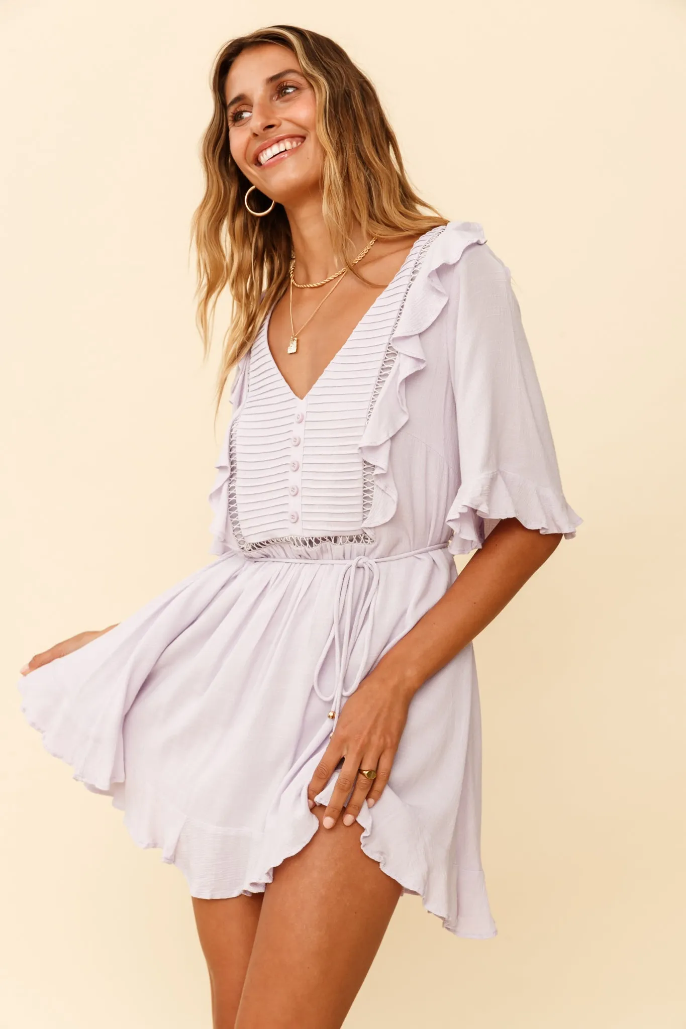 Promenade Faux Placket Pintuck Dress Lilac