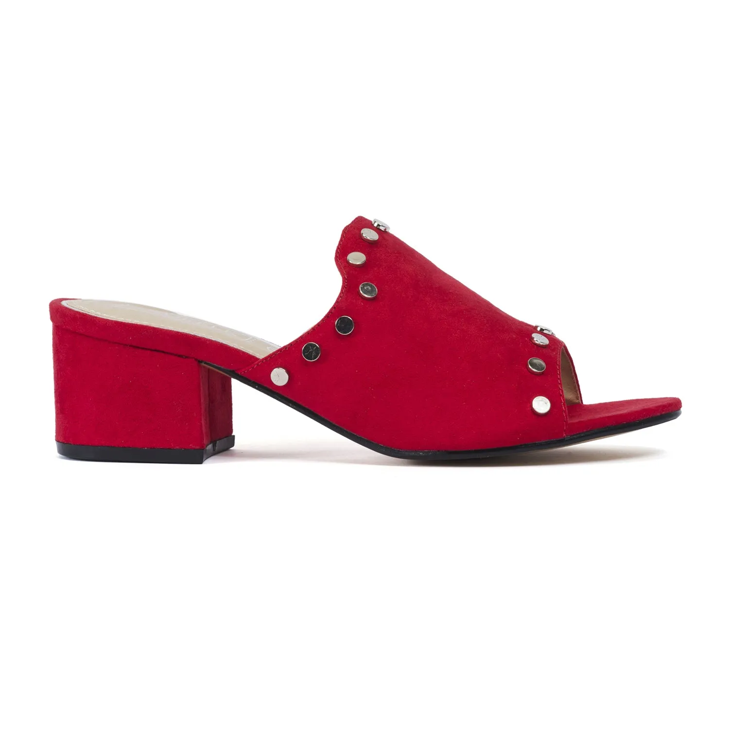 Red Studded Low Heel Mules